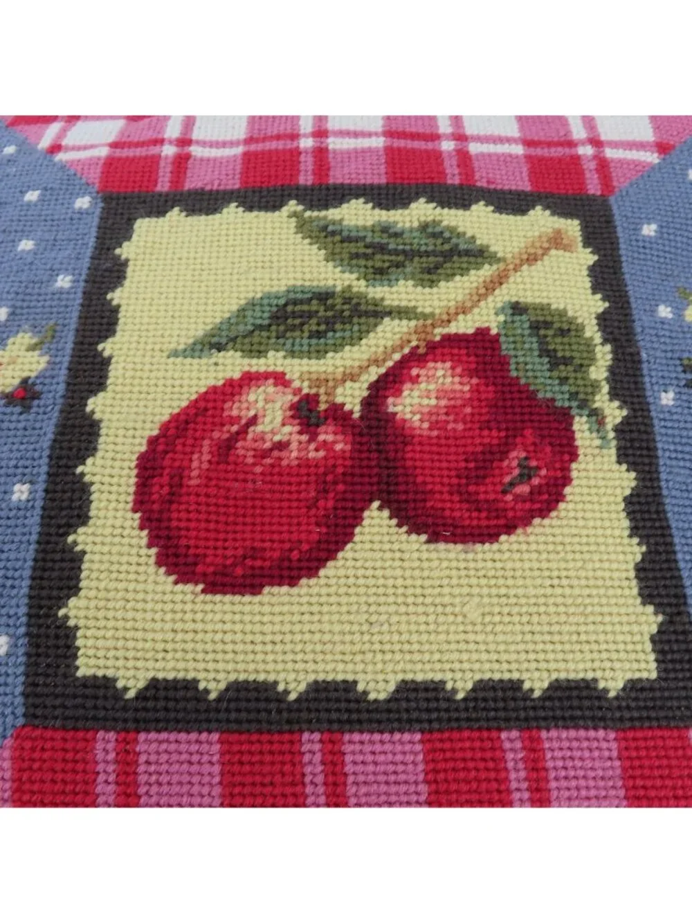 Needlepoint Country Apple Floral Red Blue Beige Check Plaid Velvet Throw Pillow